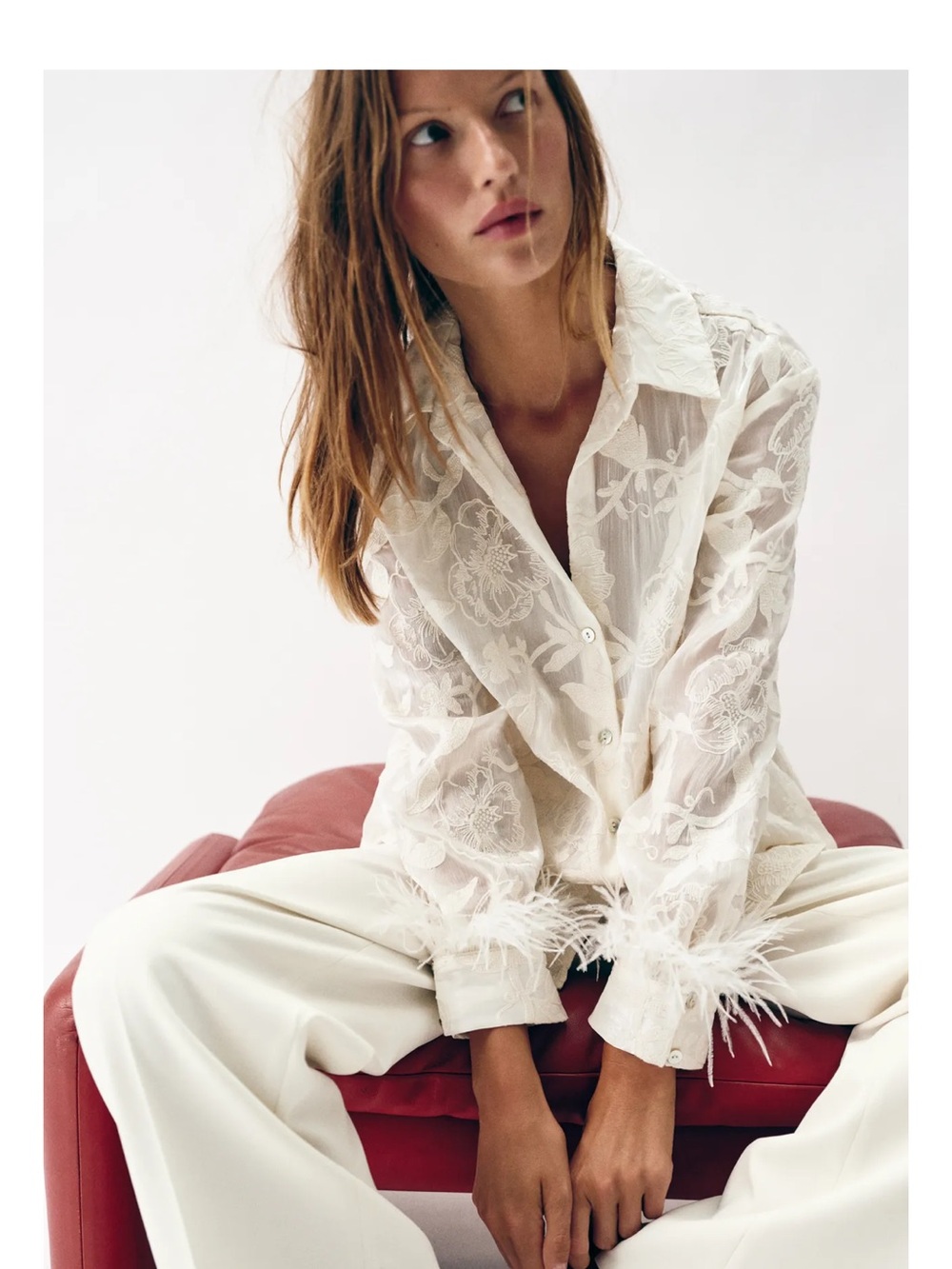 Zara  Embroidered Button-Up Blouse with Feather Cuffs - Ecru